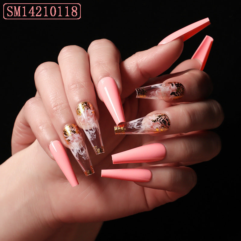 Artistic Pink Smoke Nails - European Long Coffin Fake Nails Set