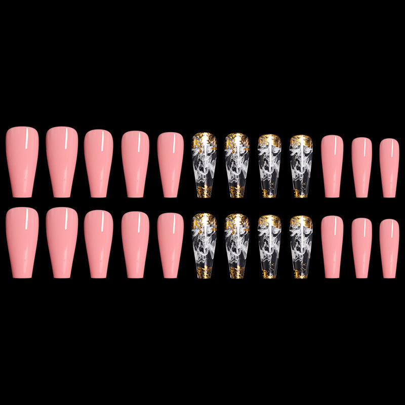 Artistic Pink Smoke Nails - European Long Coffin Fake Nails Set