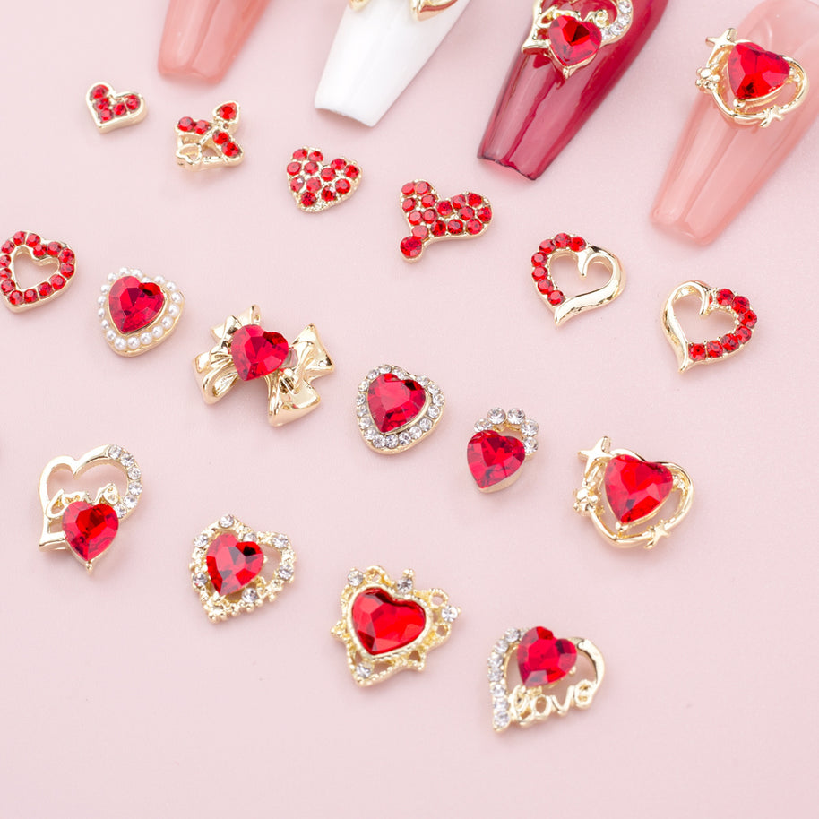 New Year Nail Bow Set - Glass & Metal Heart Decorations