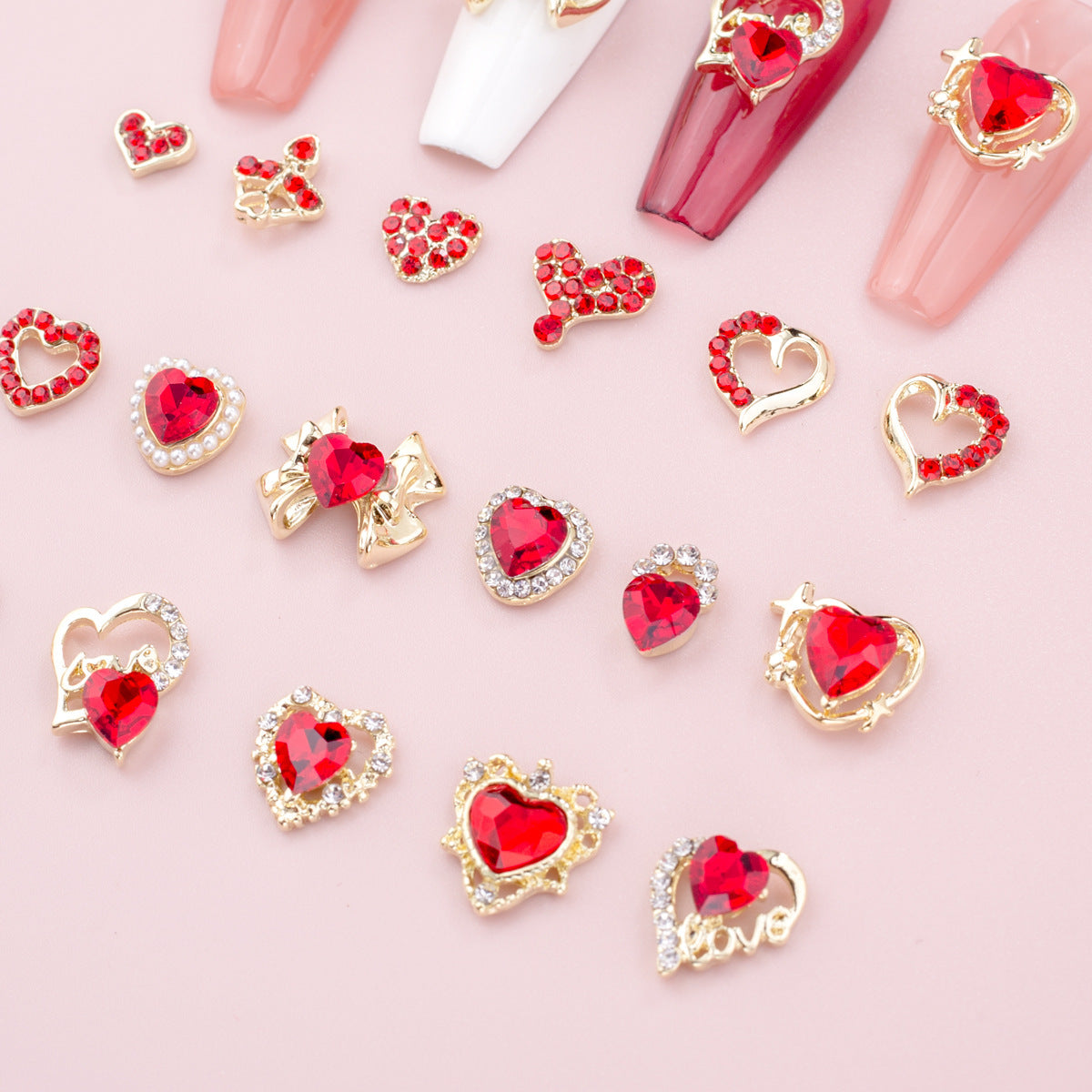 New Year Nail Bow Set - Glass & Metal Heart Decorations