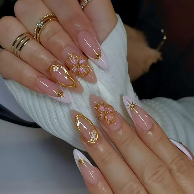 3D Peach Blossom French Nails - Detachable Floral Tips
