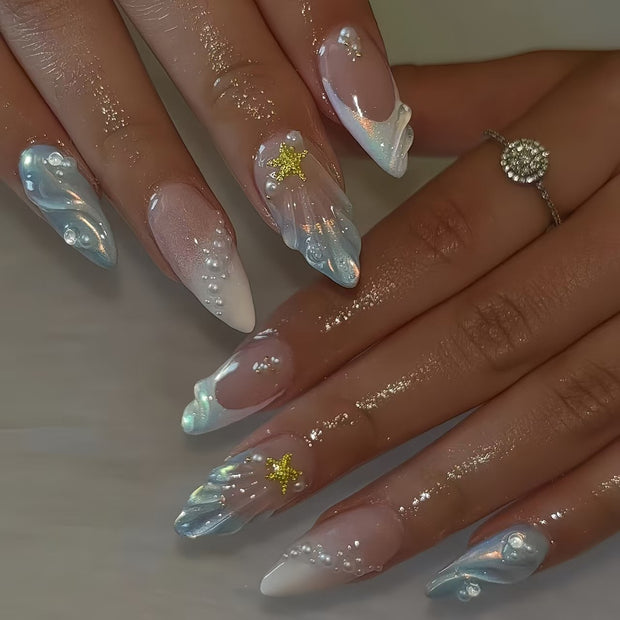 3D Pearl Almond Nails - Fashion Ocean Nail Set