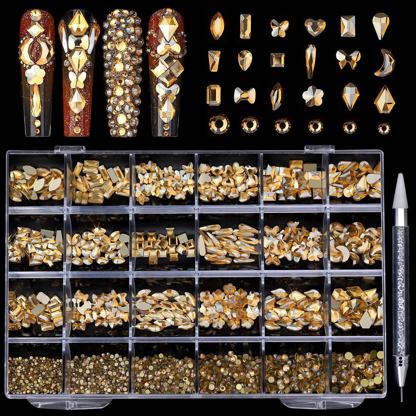 Professional Nail Art Rhinestones - 24 Grid Kit with AB & Colored Diamonds
