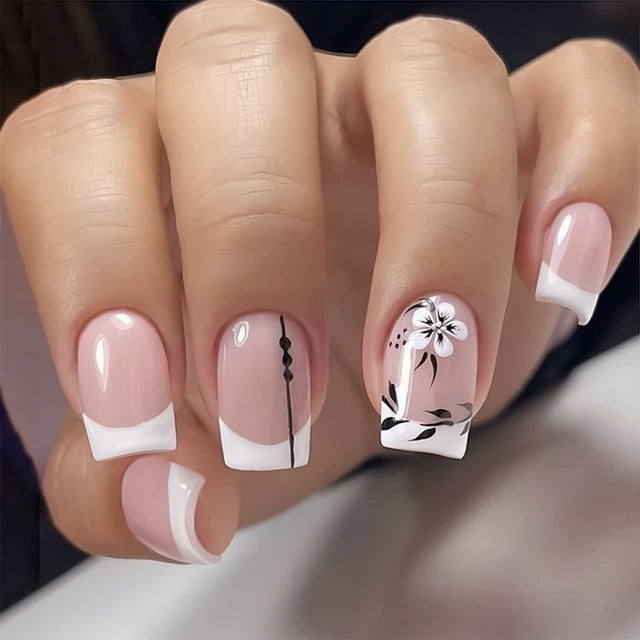French Flower Black Leaf Short Manicure Wear Nail Tip