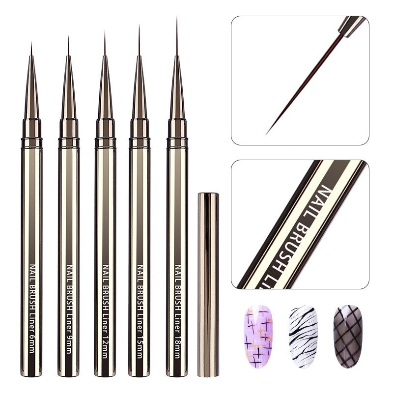 Professional Nail Art Line Pens – 5-Piece Gun Metal Set for Detailed Designs