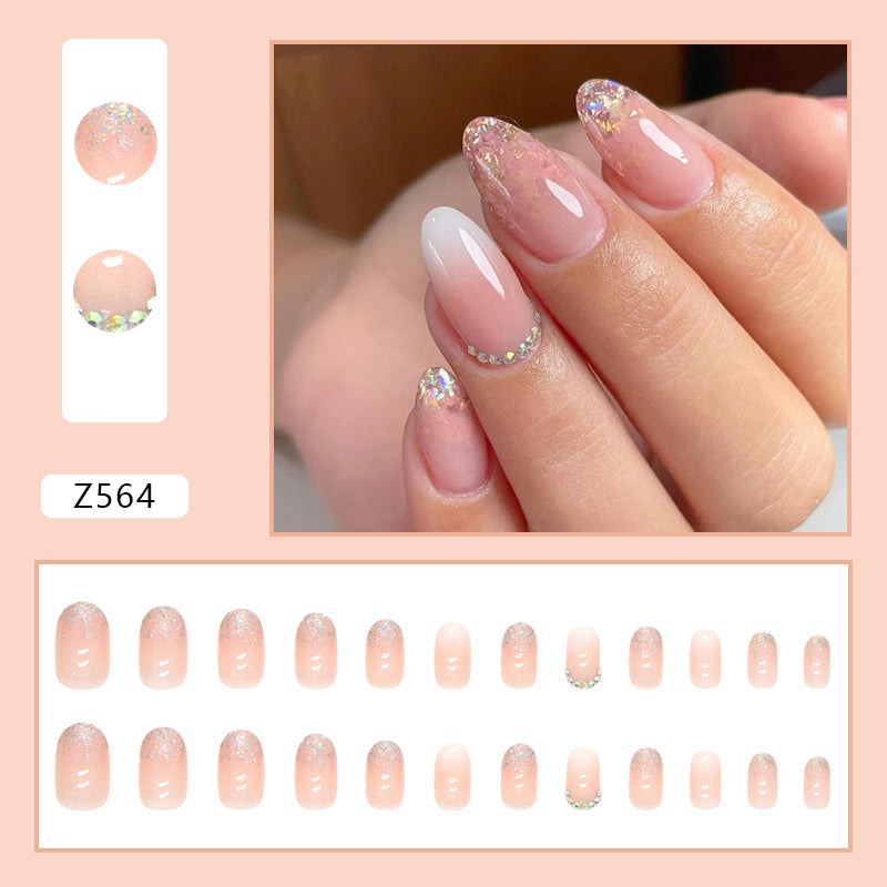 Gradient Glitter Fake Nails - Diamond Armor Oval Shape