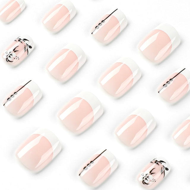 French Flower Black Leaf Short Manicure Wear Nail Tip