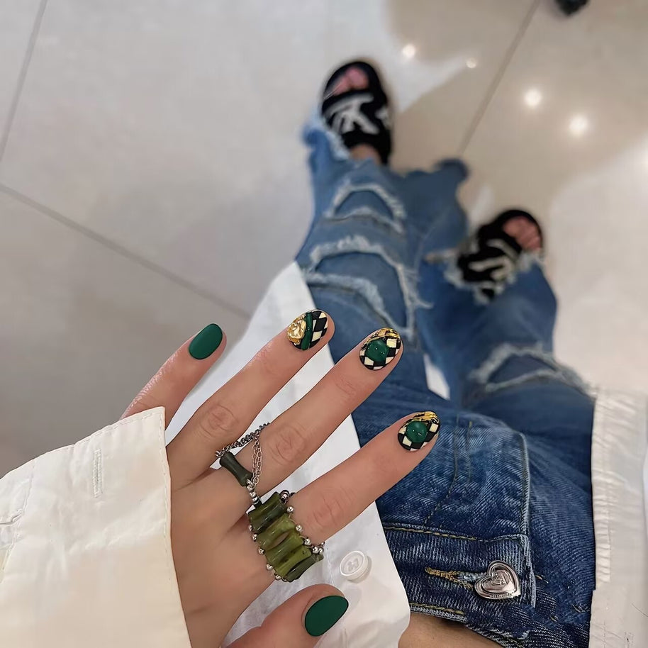 Green White Hand-worn Armor Chessboard Grid Dark Green Matte Nail Stickers