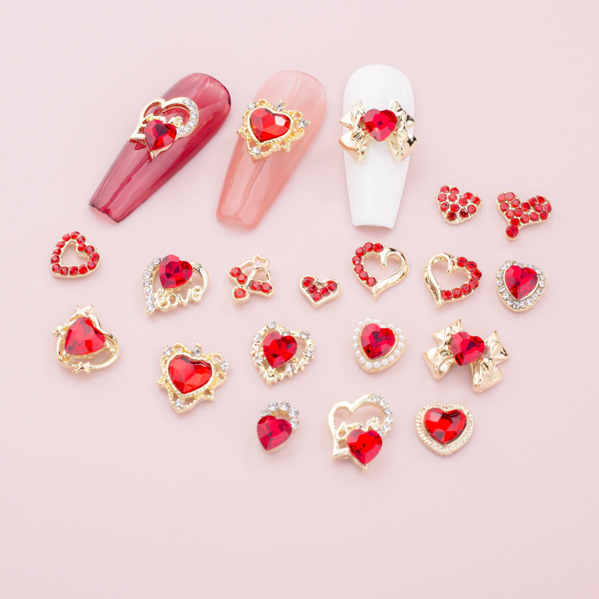 New Year Nail Bow Set - Glass & Metal Heart Decorations