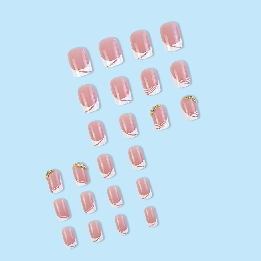 Sweet French Manicure - Medium Length Rhinestone Nails