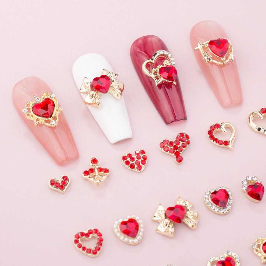 New Year Nail Bow Set - Glass & Metal Heart Decorations
