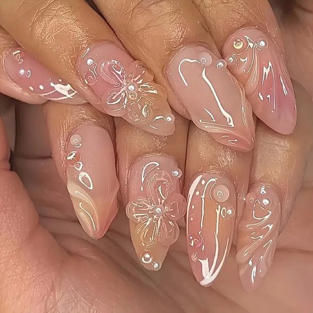 Almond Flower Nails - Pure Floral French False Nails Set
