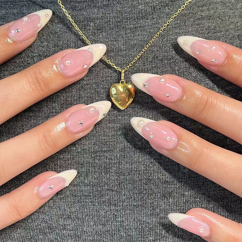 Almond French Nail Tips - 24pc Water Drop Rhinestone Manicure Set
