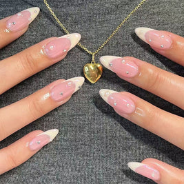 Almond French Nail Tips - 24pc Water Drop Rhinestone Manicure Set
