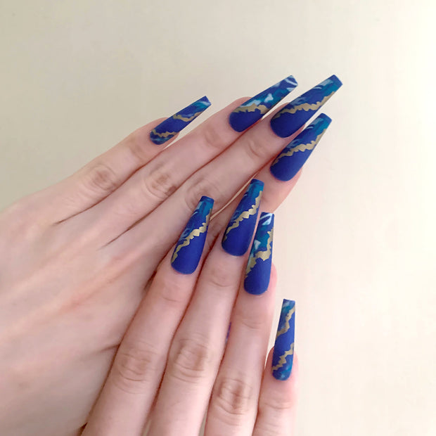 Blue Flame Marble Press On Nails - Starry Sky Design
