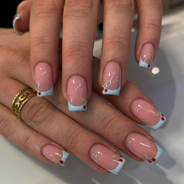 European Square Nail Patches - Light Blue French Style Tips

