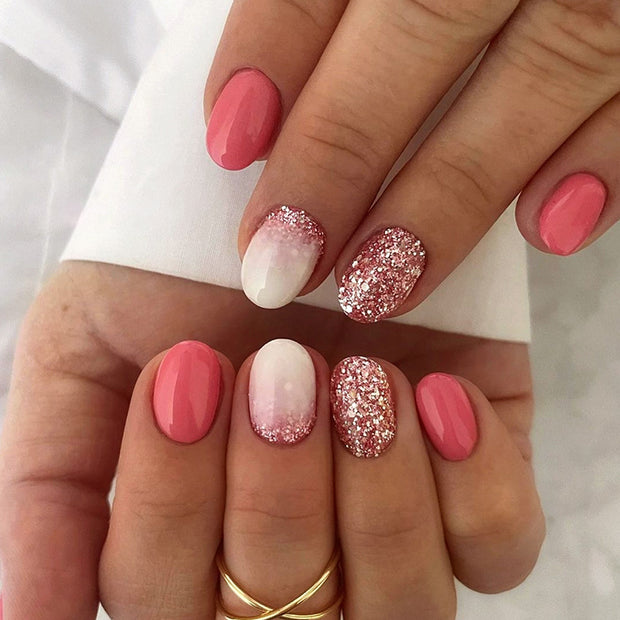 European Style Oval Nails - Rose Pink Flash Wear Set

