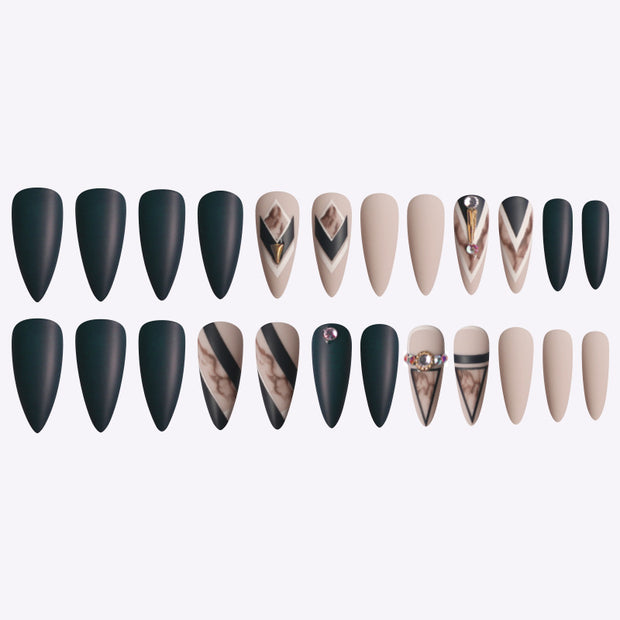 False Nails Matte Khaki - Trendy Smudge Design
