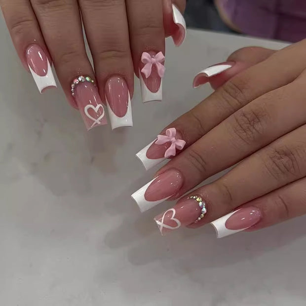 French Style Bow Nail - 24PC Pink Crystal Set