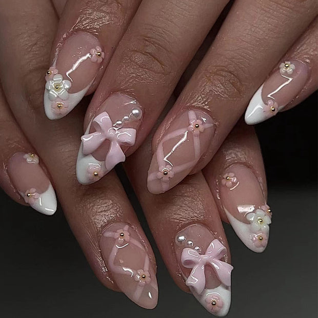 French White Nail Patches - Sweet Bow Accents
