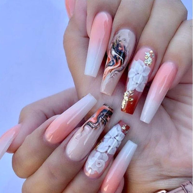 Glitter Camellia Nails - Ultra-Long Trapezoid Coffin Tips
