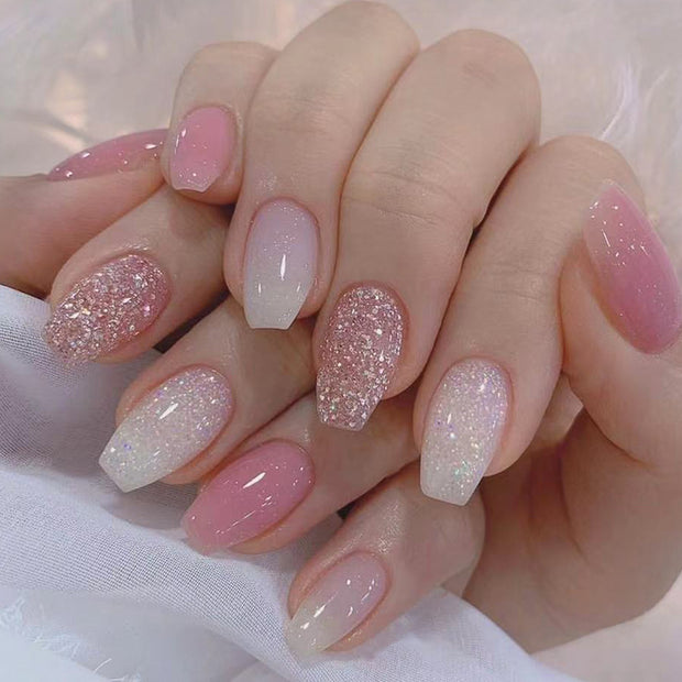 Glossy Glitter Gradient Nails - Short Trapezoid Nail Art
