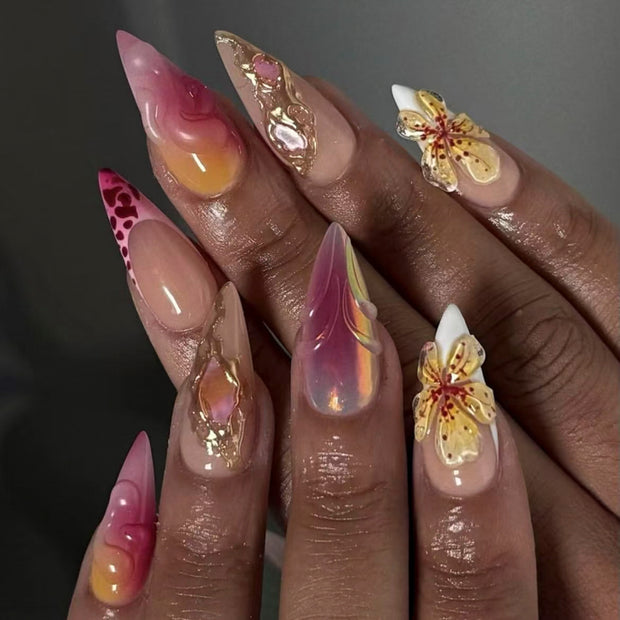 Leopard & Flower French Nails - 3D Gradient Press-On Set
