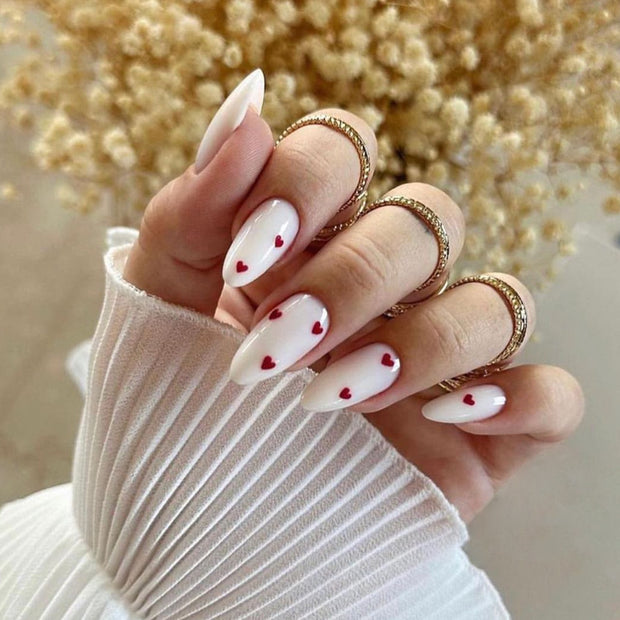 Milky White Almond Nails - Sweet Love Design Press-On Set
