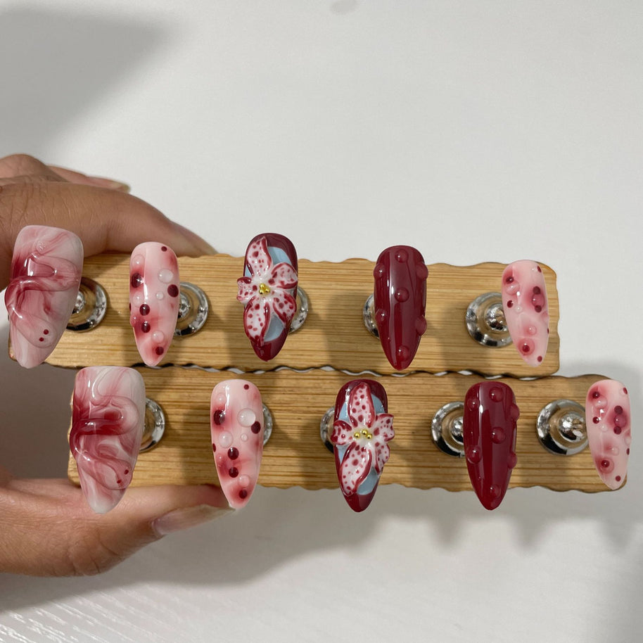 3D Hand-Pressed Floral Nails - Rose & Tulip Almond Tips