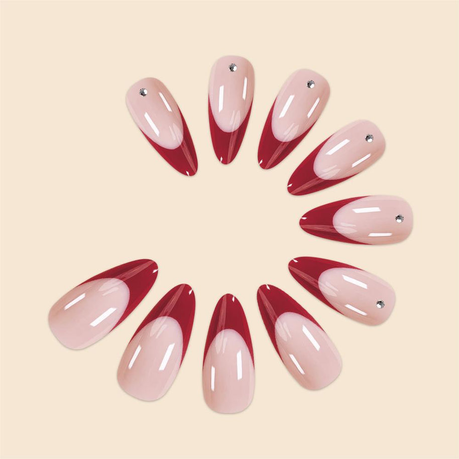 Red French Tip Nails - Water Drop Diamond Design