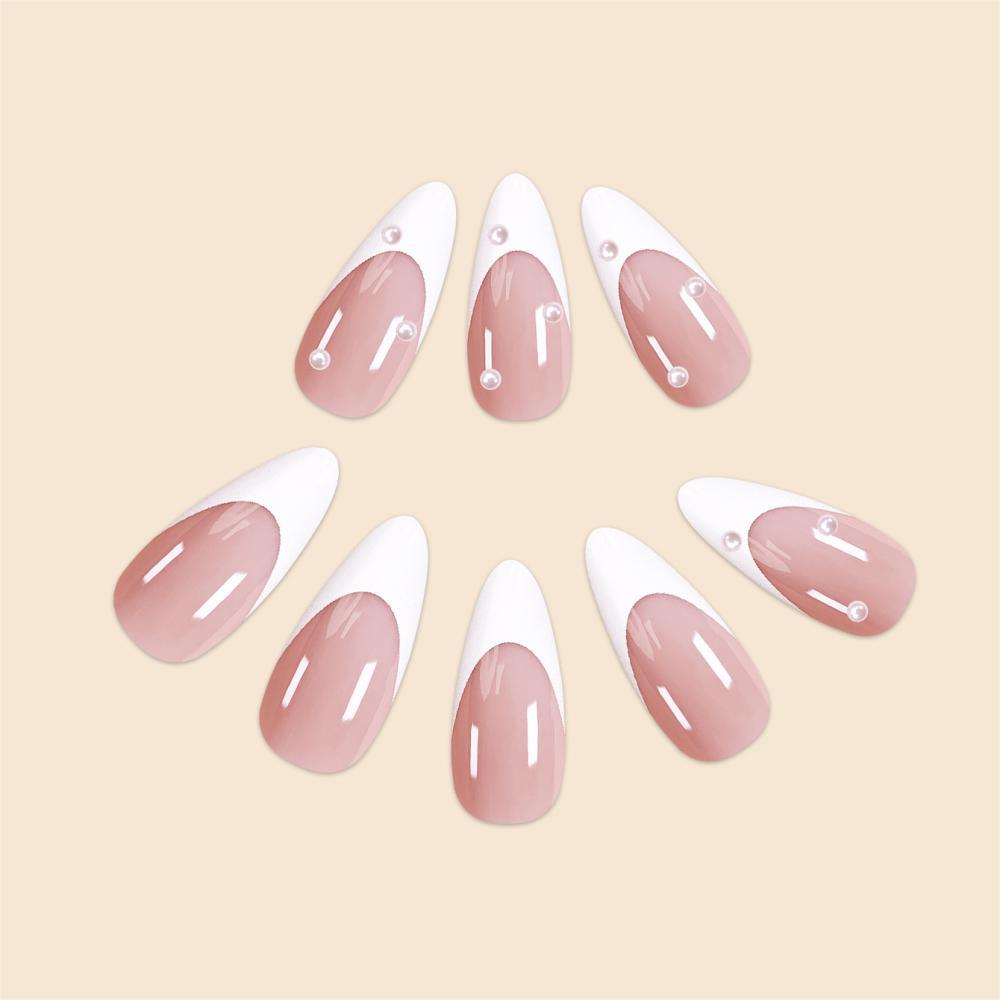Pearl French White Edge Nails - Medium Length Press-On Set