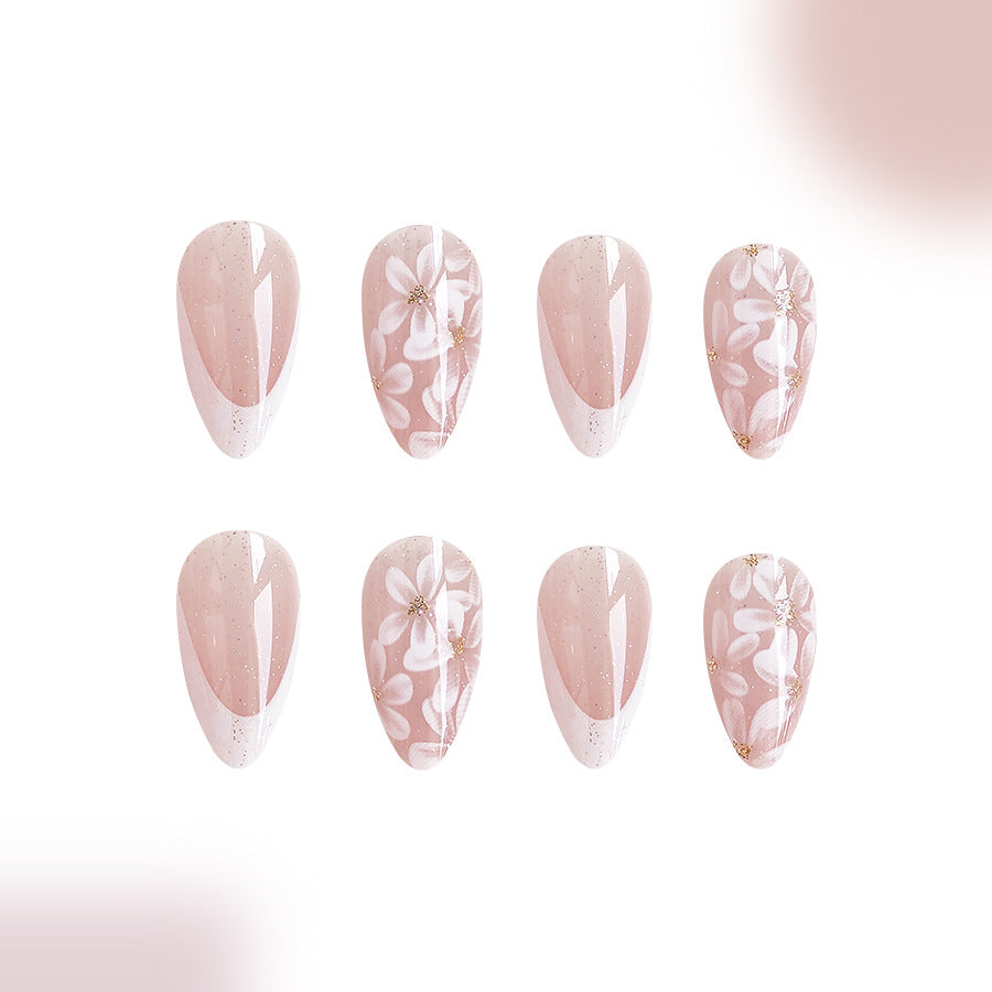 Short Glossy Almond Nail French Style Temperament Glittering Powder Flower Removable