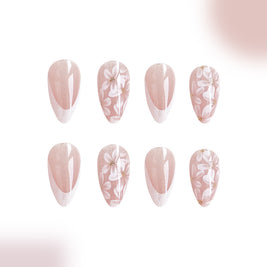 Short Glossy Almond Nail French Style Temperament Glittering Powder Flower Removable