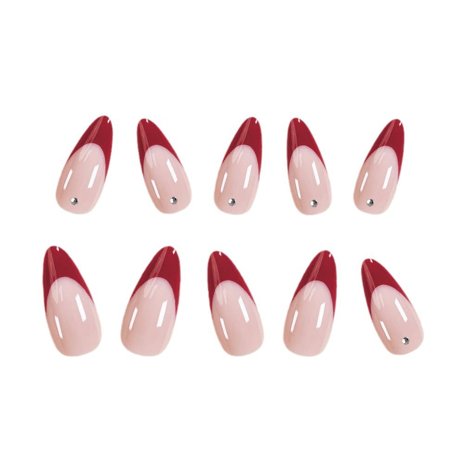Red French Tip Nails - Water Drop Diamond Design