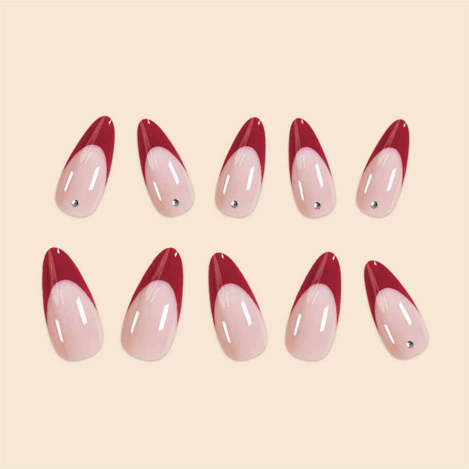 Red French Tip Nails - Water Drop Diamond Design