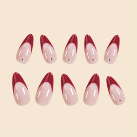 Red French Tip Nails - Water Drop Diamond Design