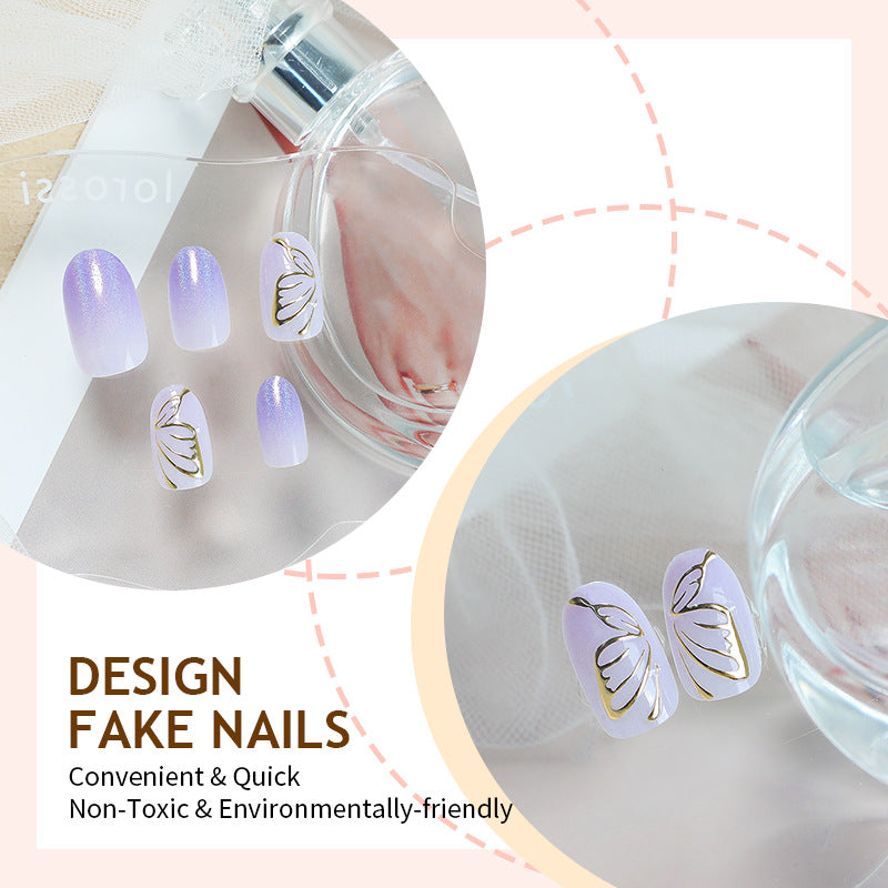 Purple Cat's Eye Nails - 3D Golden Butterfly Design