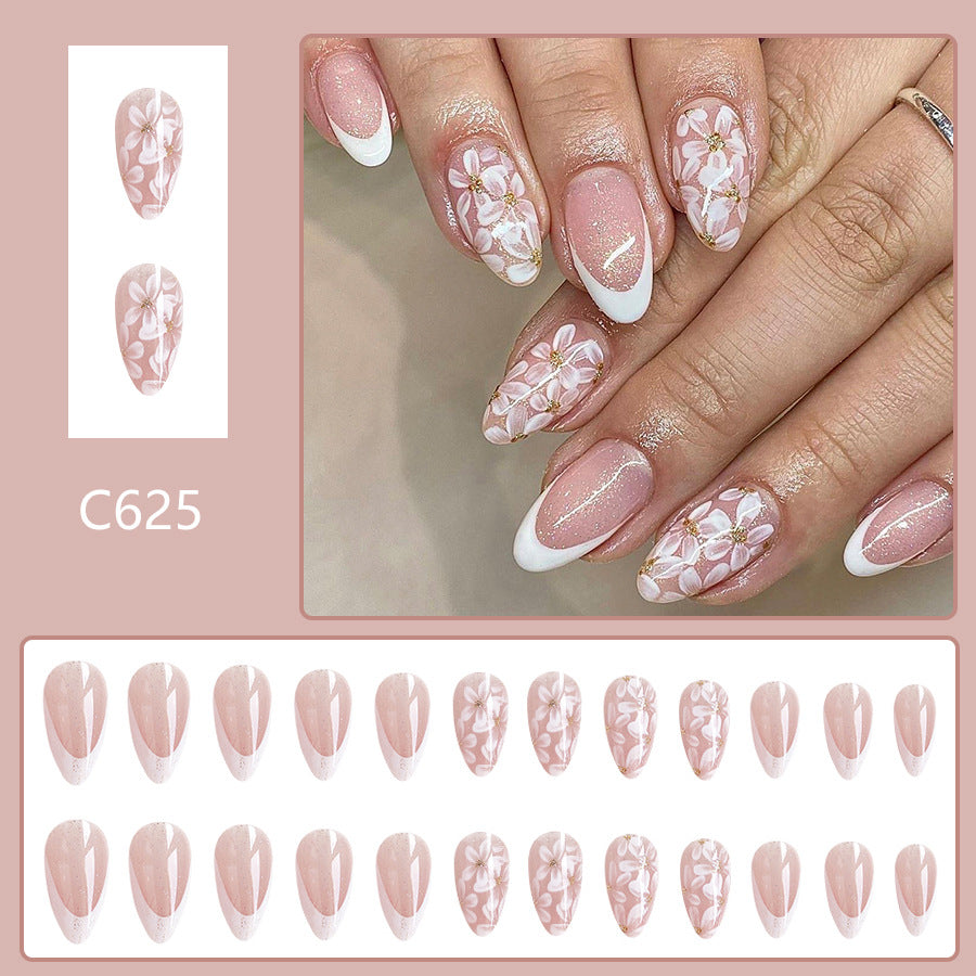 Short Glossy Almond Nail French Style Temperament Glittering Powder Flower Removable