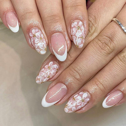 Short Glossy Almond Nail French Style Temperament Glittering Powder Flower Removable