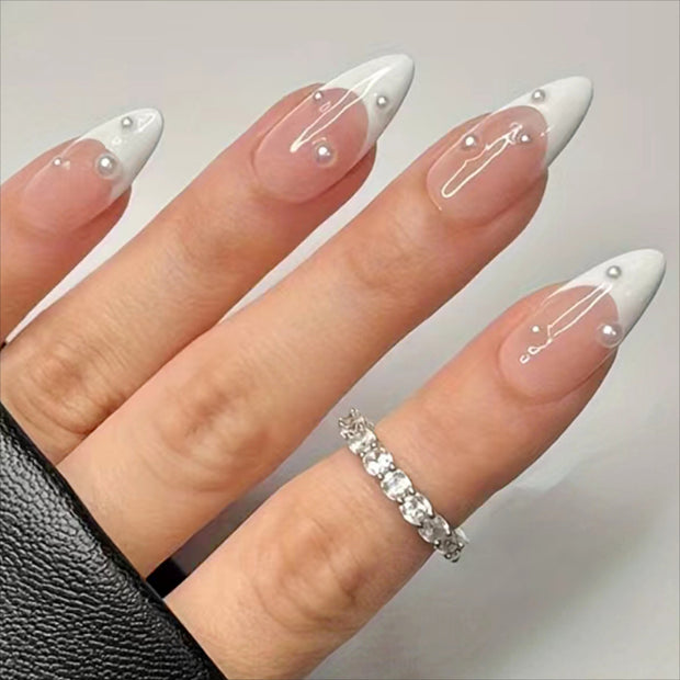 Pearl French White Edge Nails - Medium Length Press-On Set

