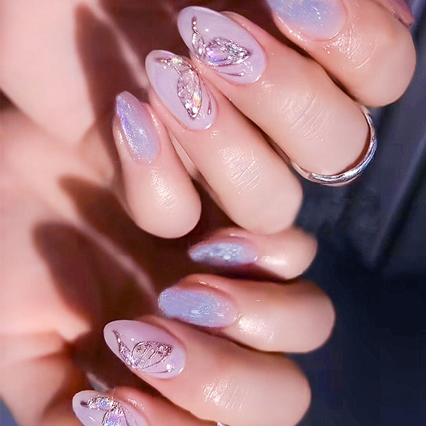 Purple Cat's Eye Nails - 3D Golden Butterfly Design
