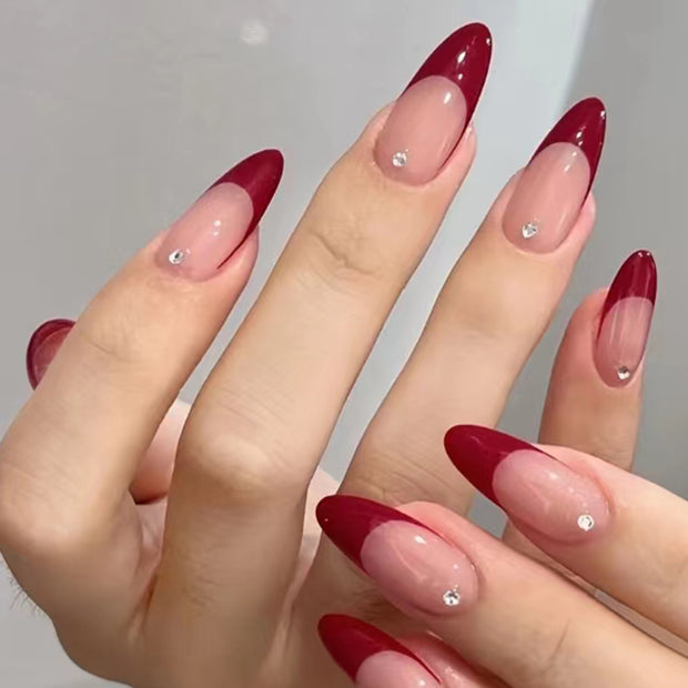 Red French Tip Nails - Water Drop Diamond Design
