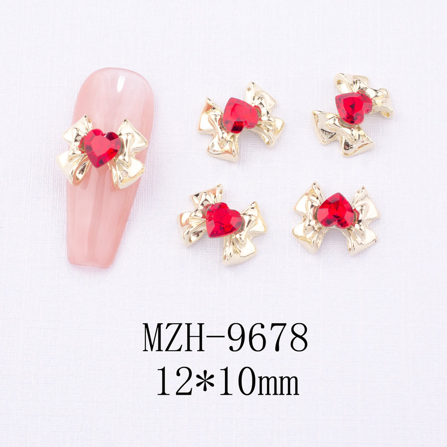 New Year Nail Bow Set - Glass & Metal Heart Decorations
