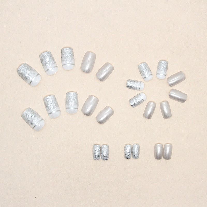 Elegant Square Press On Nails – Silver Glitter & Starry Sky Nail Art