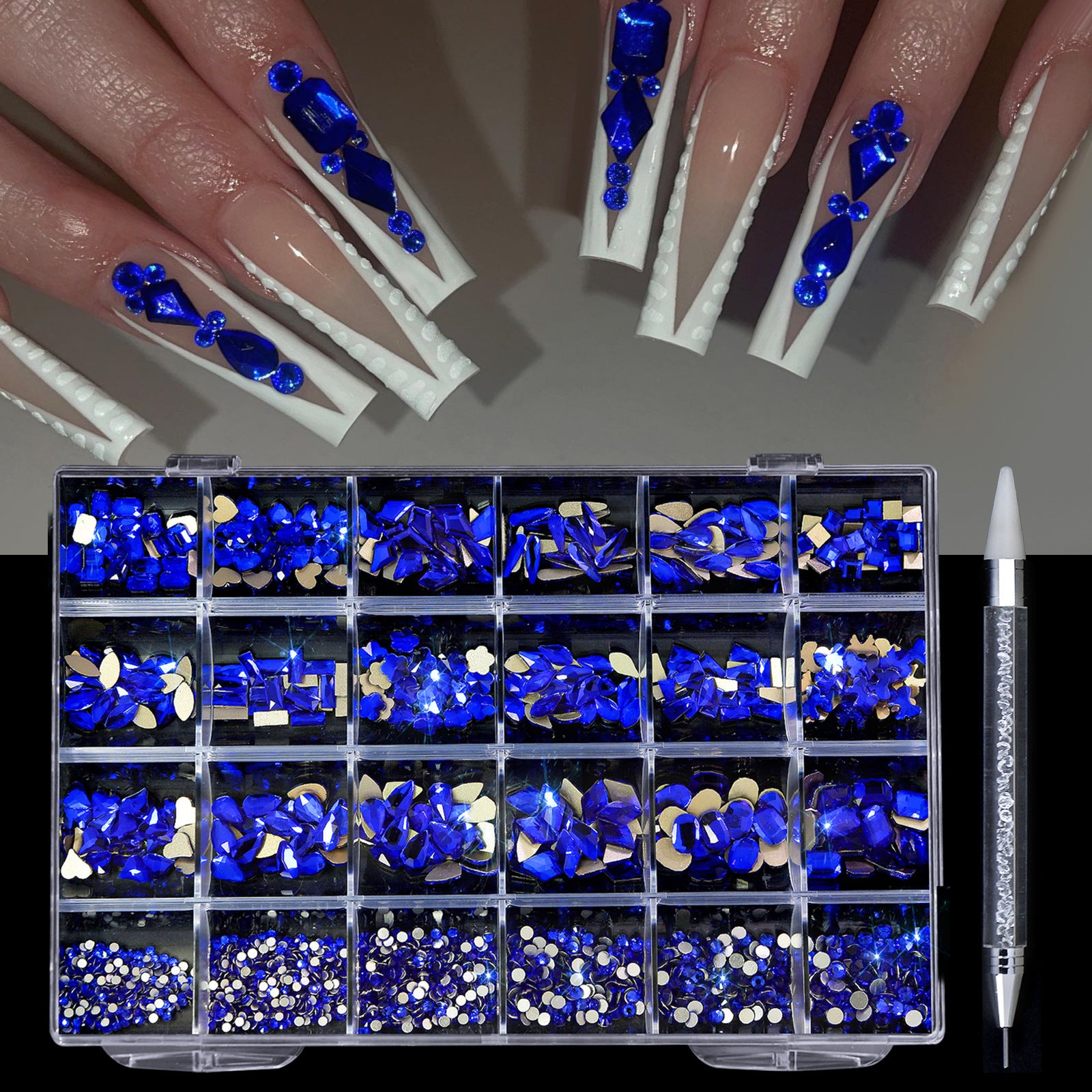 Professional Nail Art Rhinestones - 24 Grid Kit with AB & Colored Diamonds