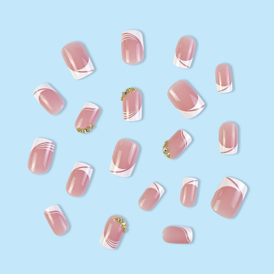 Sweet French Manicure - Medium Length Rhinestone Nails
