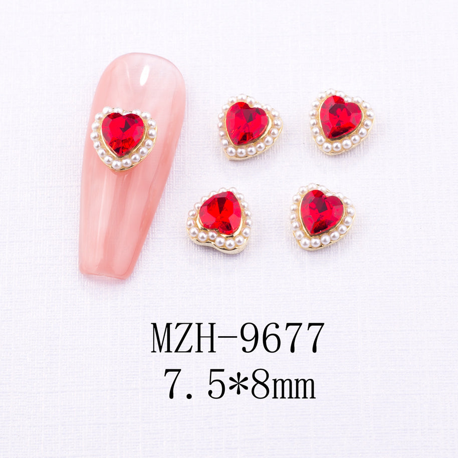 New Year Nail Bow Set - Glass & Metal Heart Decorations