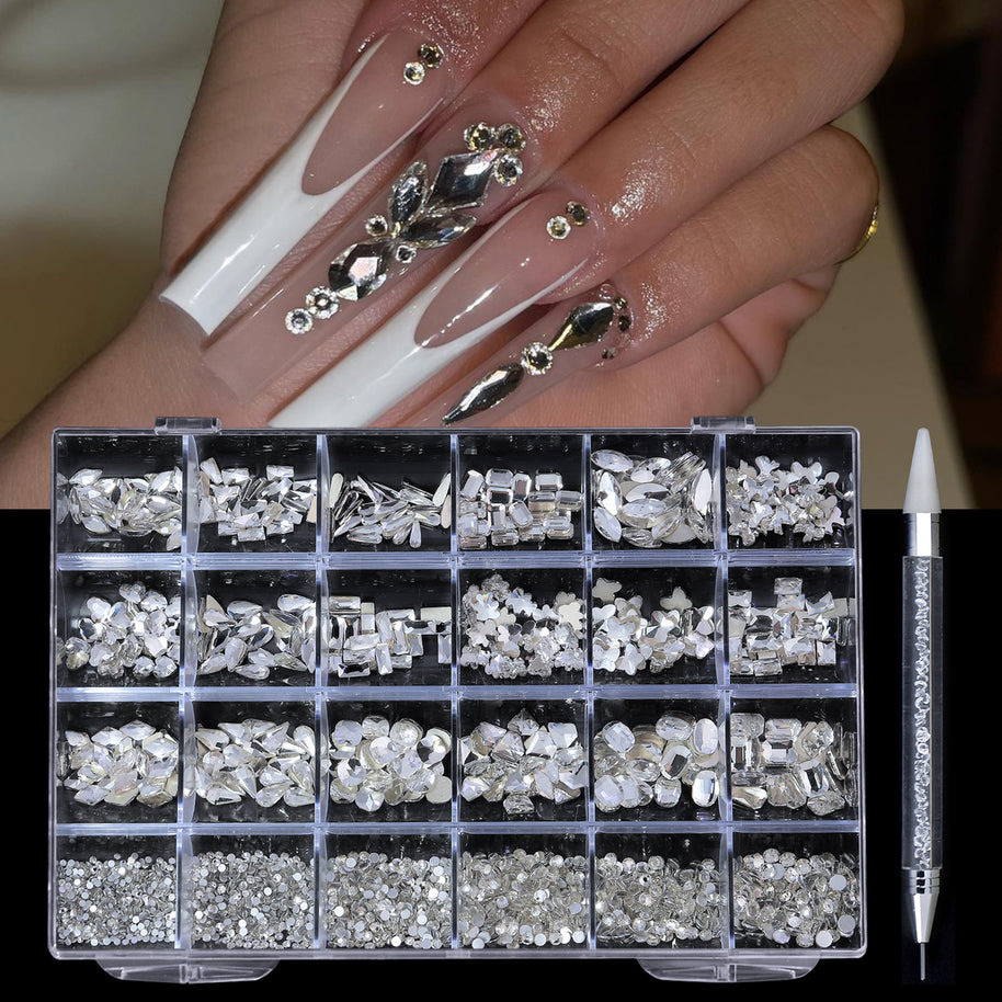 Professional Nail Art Rhinestones - 24 Grid Kit with AB & Colored Diamonds