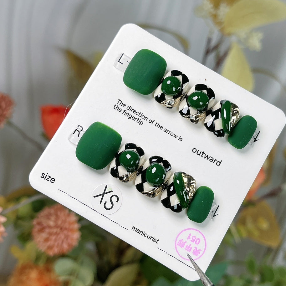 Green White Hand-worn Armor Chessboard Grid Dark Green Matte Nail Stickers
