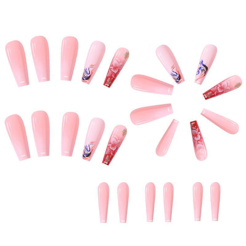Glitter Camellia Nails - Ultra-Long Trapezoid Coffin Tips